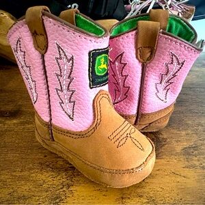 Pink and brown newborn John Deere slip on cowgirl boots